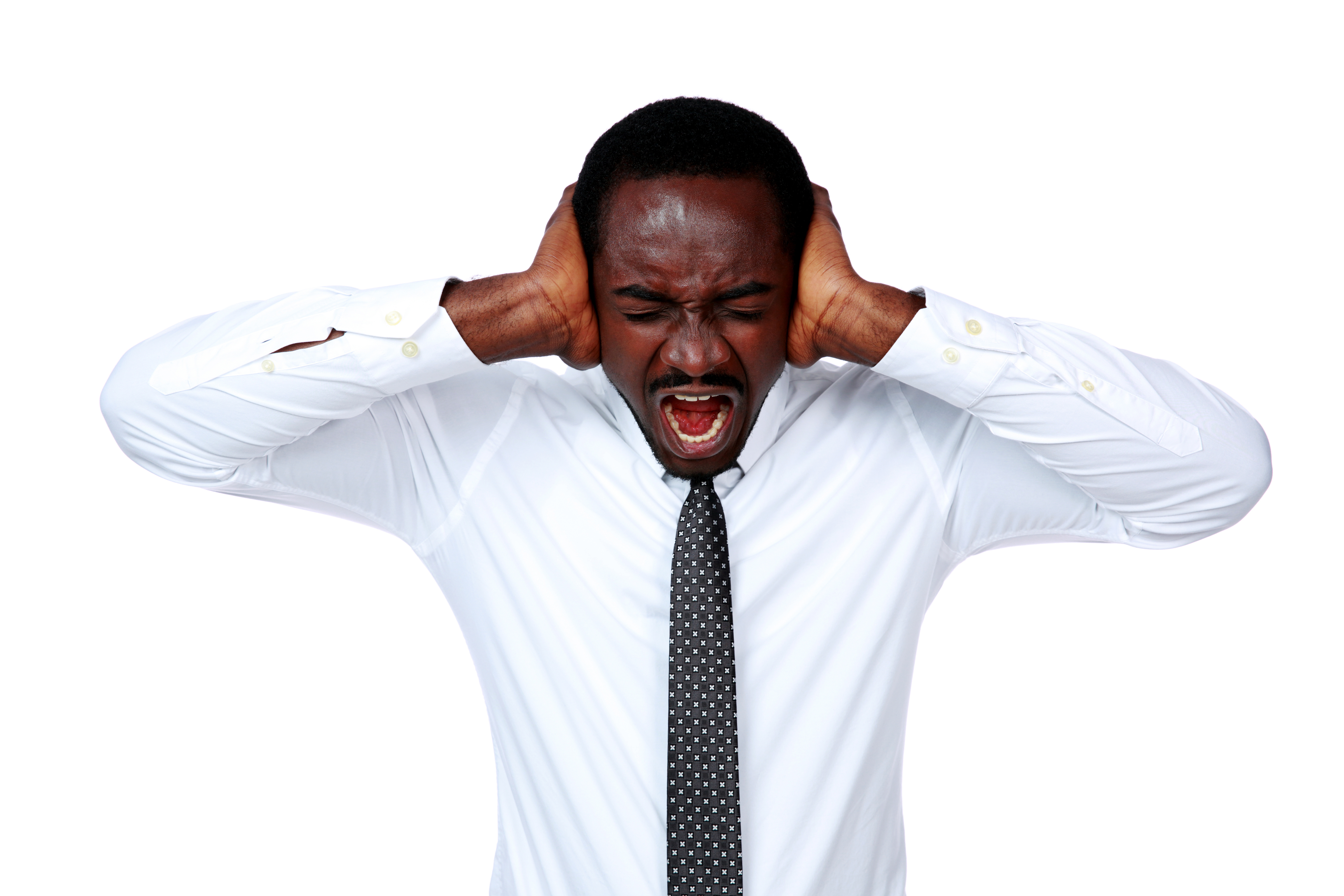 portrait of african businessman shouting and closing ear by his hands on white backgro SBI 300855807